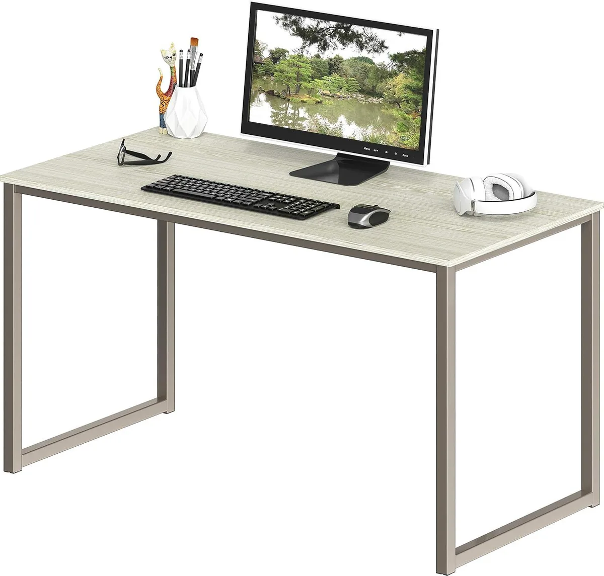 Maple desk with black steel frame, 40 by 19 by 28 inches
