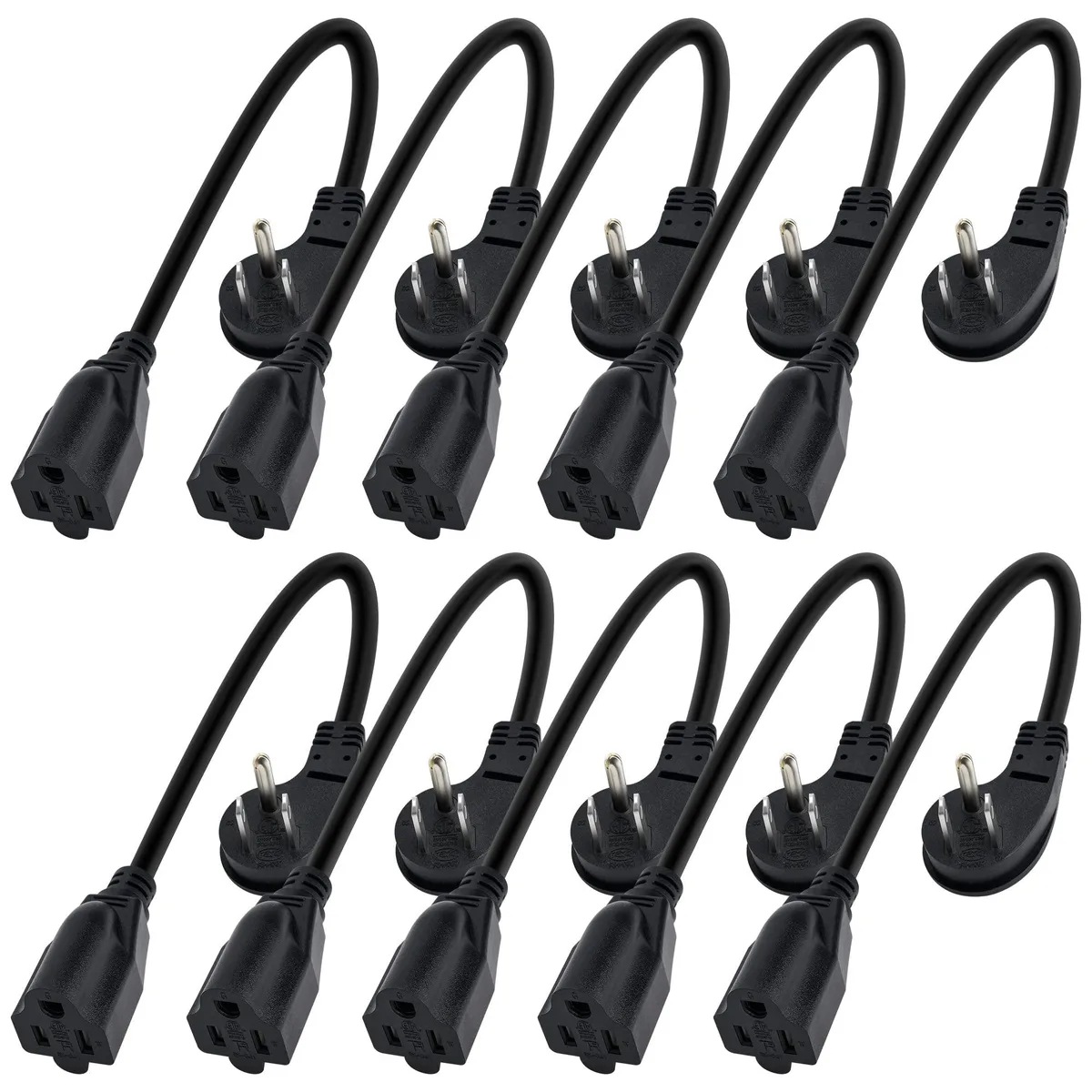 Ten black 8-foot flat-plug power cords coiled together