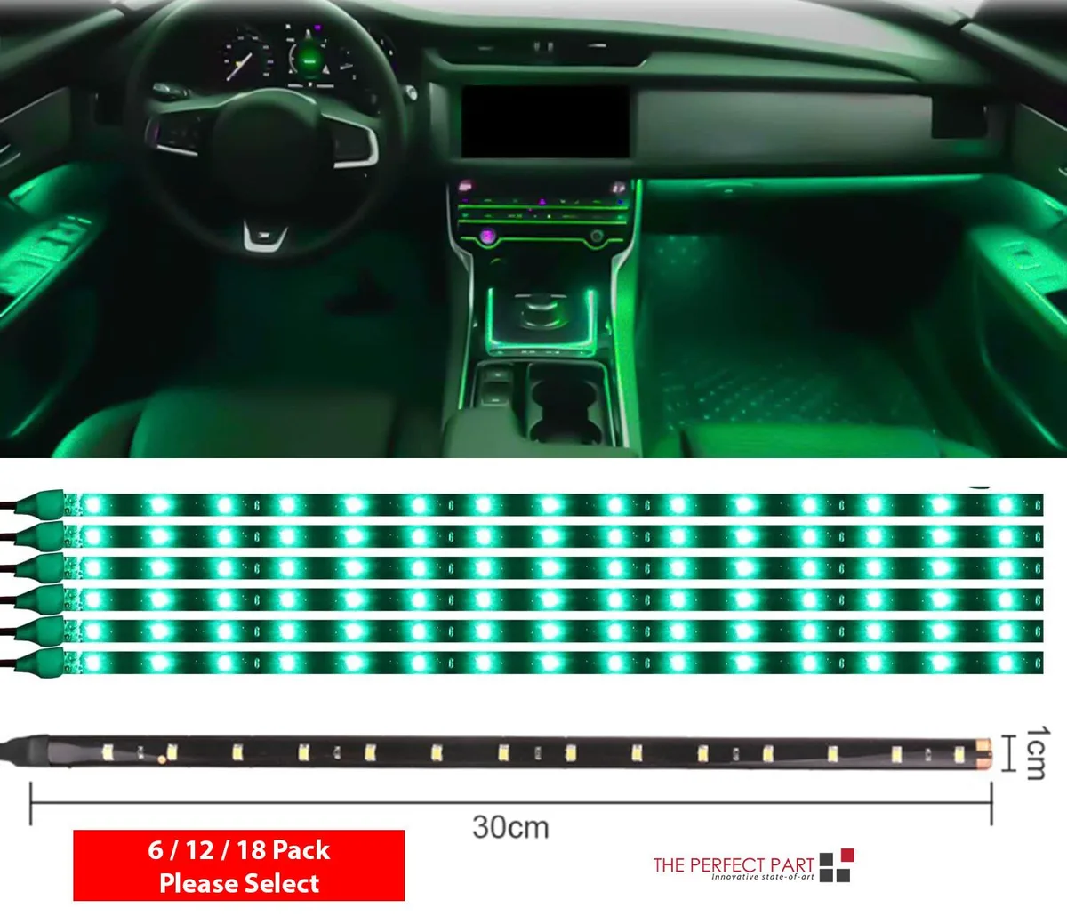 Green LED strip light 12 inch 15 LEDs white wire IP68 waterproof