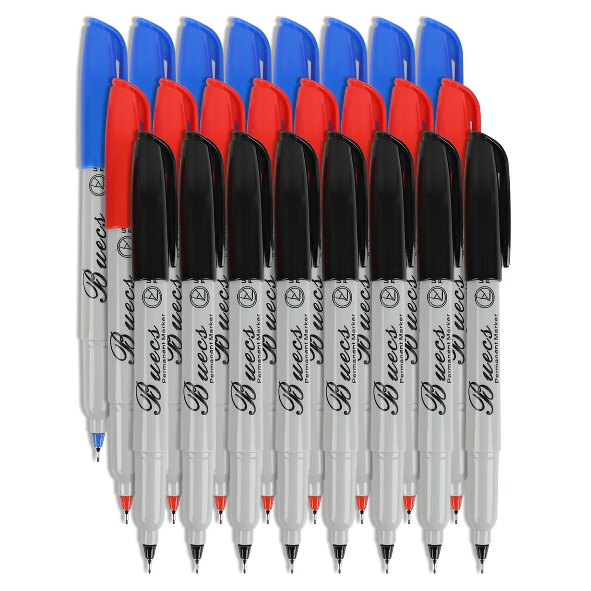 A rectangular box holding 24 ultra-fine permanent markers in three colours