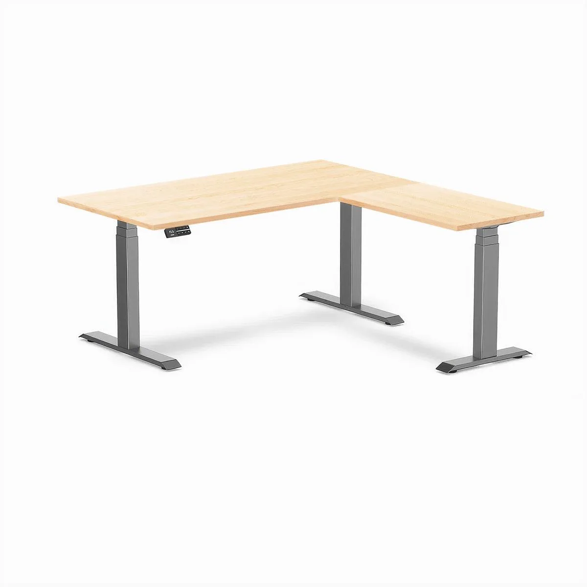 Desky Desky Hardwood L-Shape Sit Stand Desk Maple 60 x 30 x 62 x 20 in Space Gray office furniture — product photo
