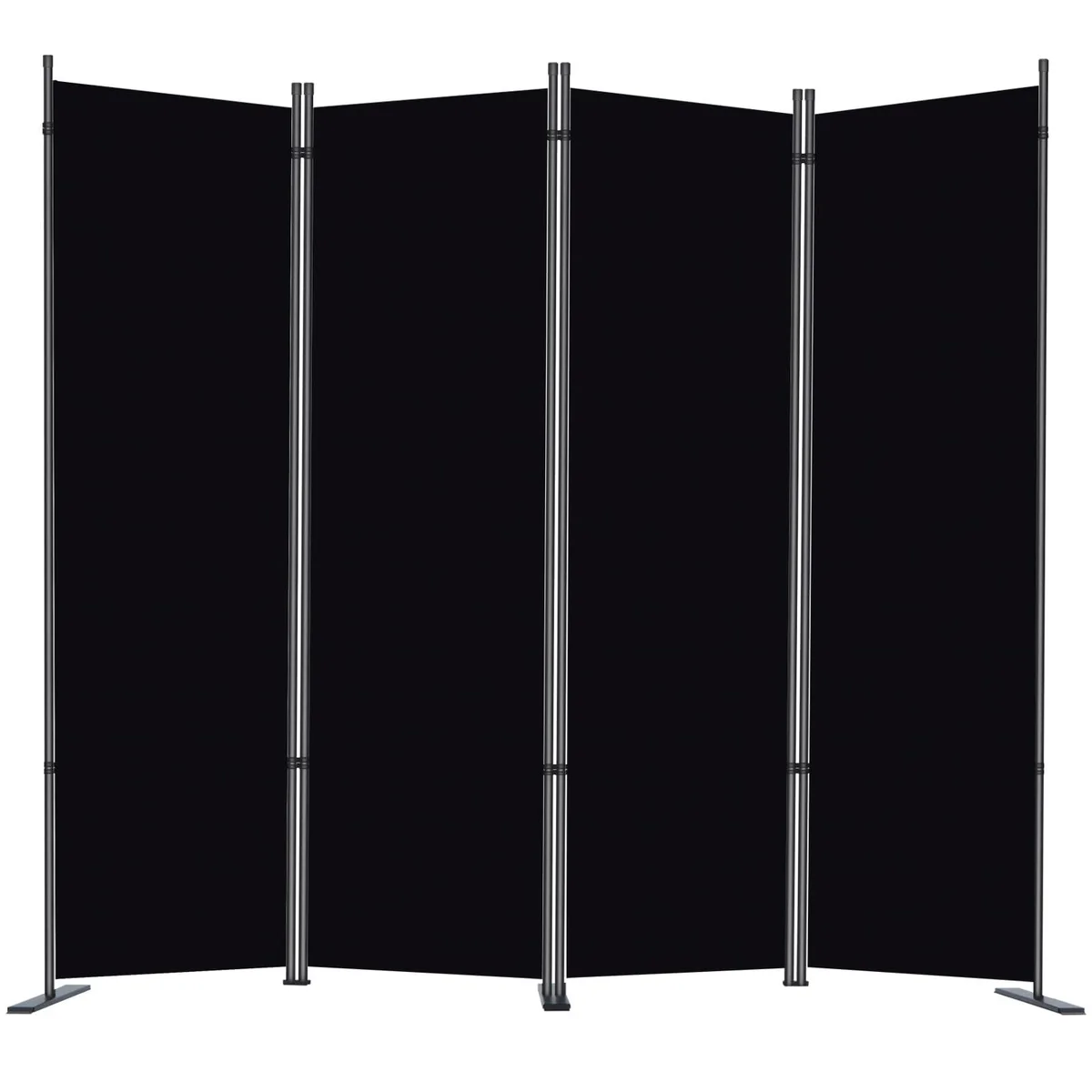 Black four-panel folding room divider with wide metal feet, fabric panels, powder-coated frame, 89 inches wide by 71 inches high