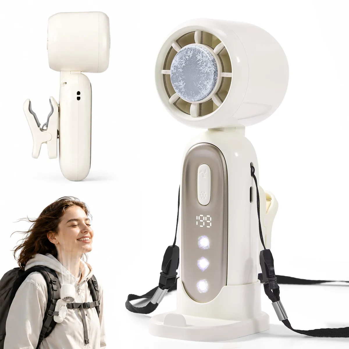  KG11 Kolpolny outdoor fan 11.1 Wh 19 h 199 speeds 360° clip 6.8×2.2 in 0.47 lb — product photo