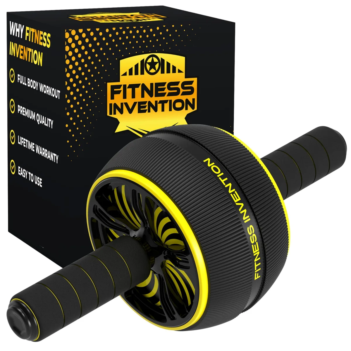 Black ab roller wheel with rubber tread, stainless steel handles and a black knee mat