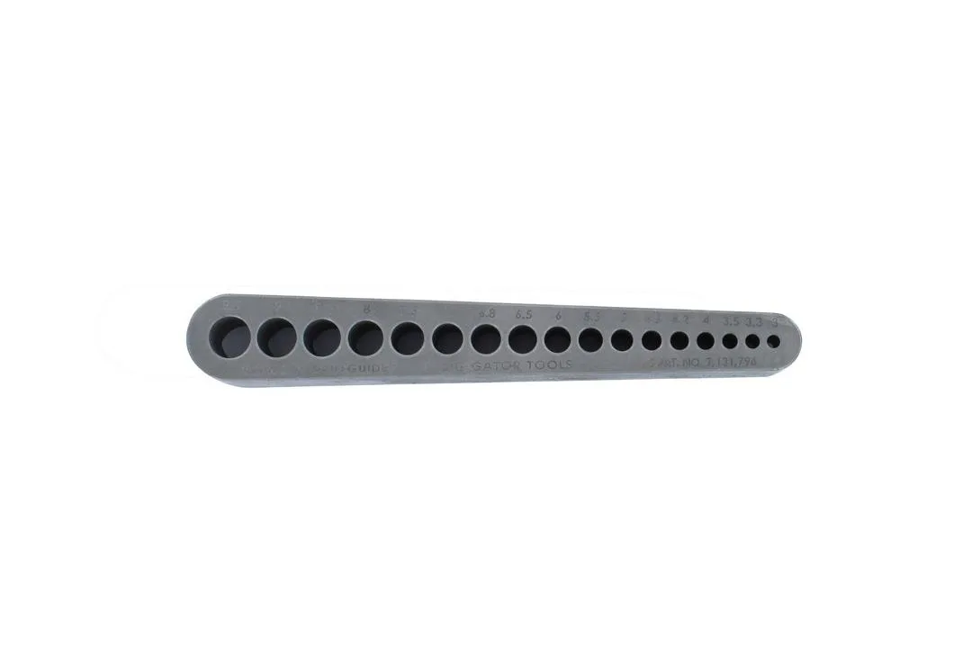 Silver metal drill guide block with 17 metric bushings and V-groove base