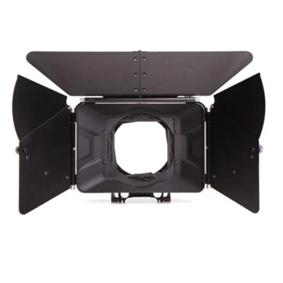 Carbon-fibre matte box with two rotating filter stages and swing-away hinge