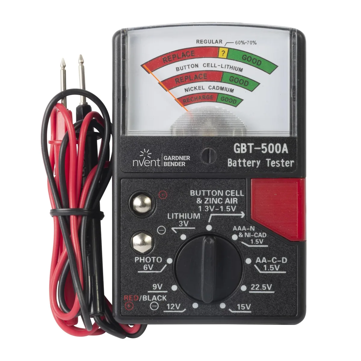 Black rectangular analog battery tester with attached test leads and front meter display