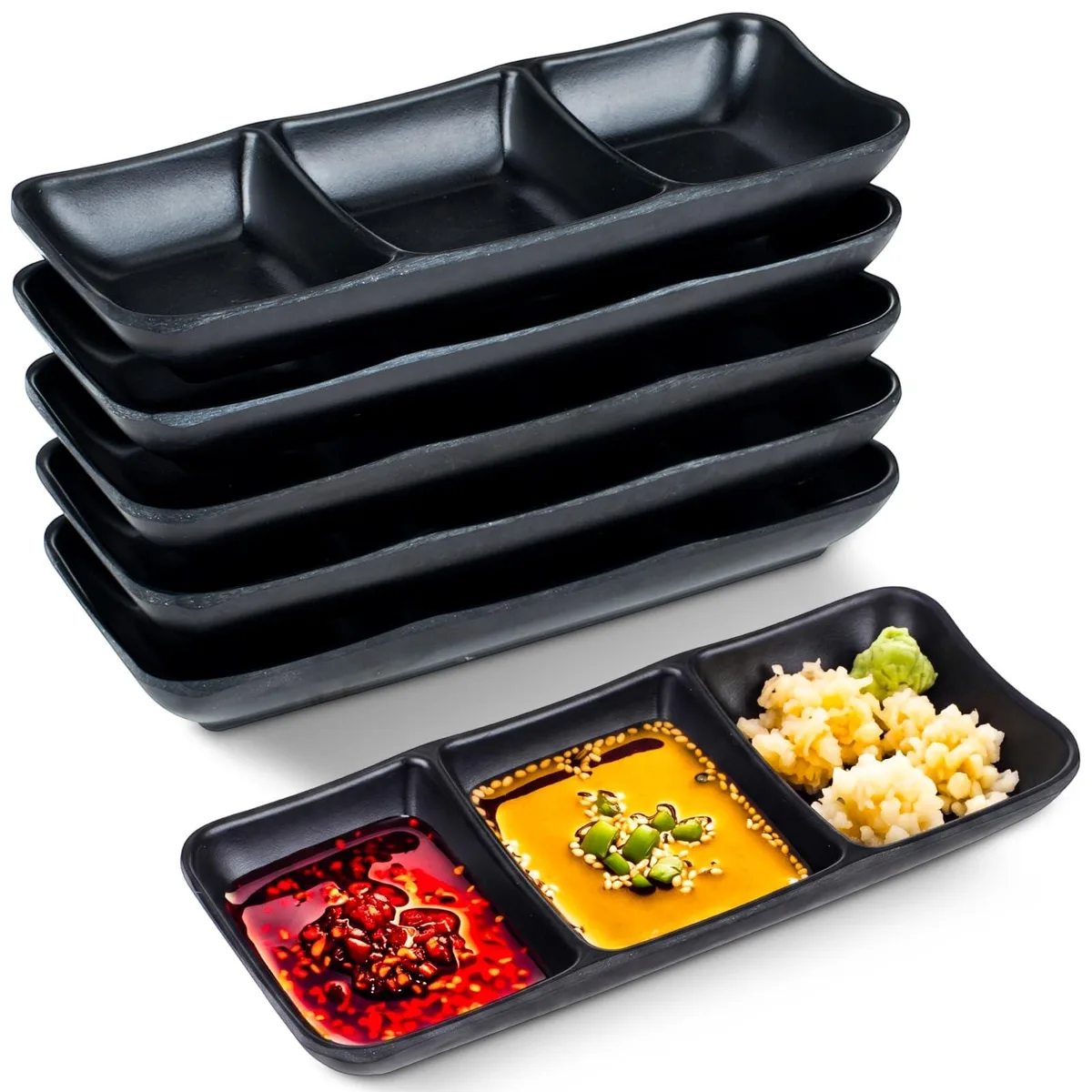 DNBeffulgent DNBeffulgent Ferrochef 6-Piece 3-Compartment Dipping Sauce Bowls 7.6x3.4 Inch Black Melamine Serveware — product photo