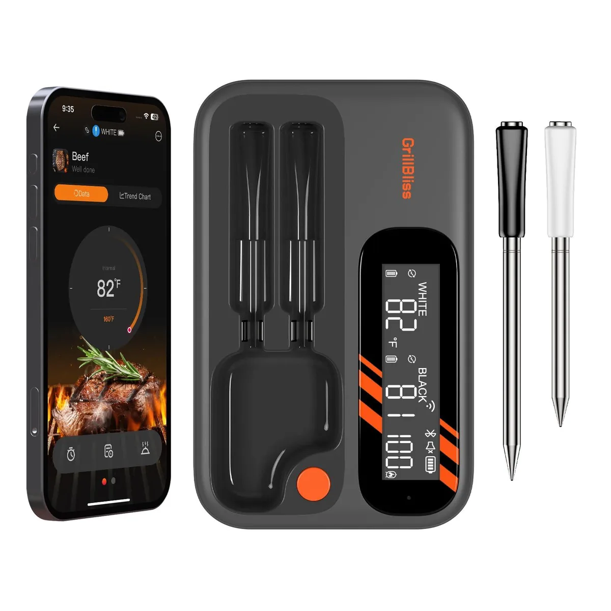 Wireless meat thermometer with dual probes, charging base, and backlit LCD display