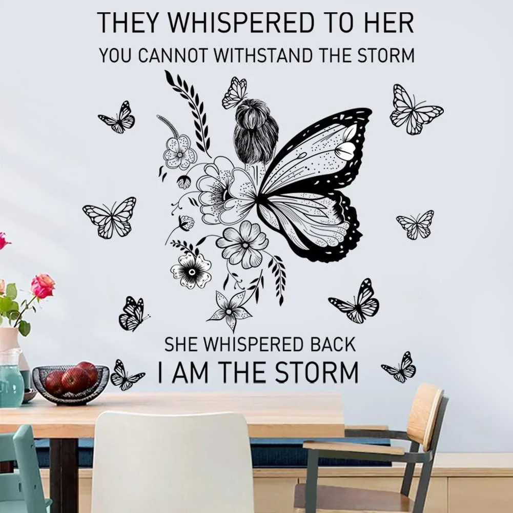 Black butterfly vinyl wall decal with inspirational quote, 9.2 inch size