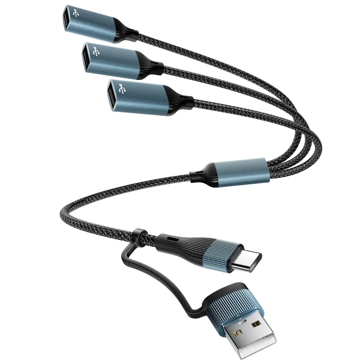 Grey aluminium USB-A and USB-C splitter cable with three USB 2.0 ports, 6 ft length