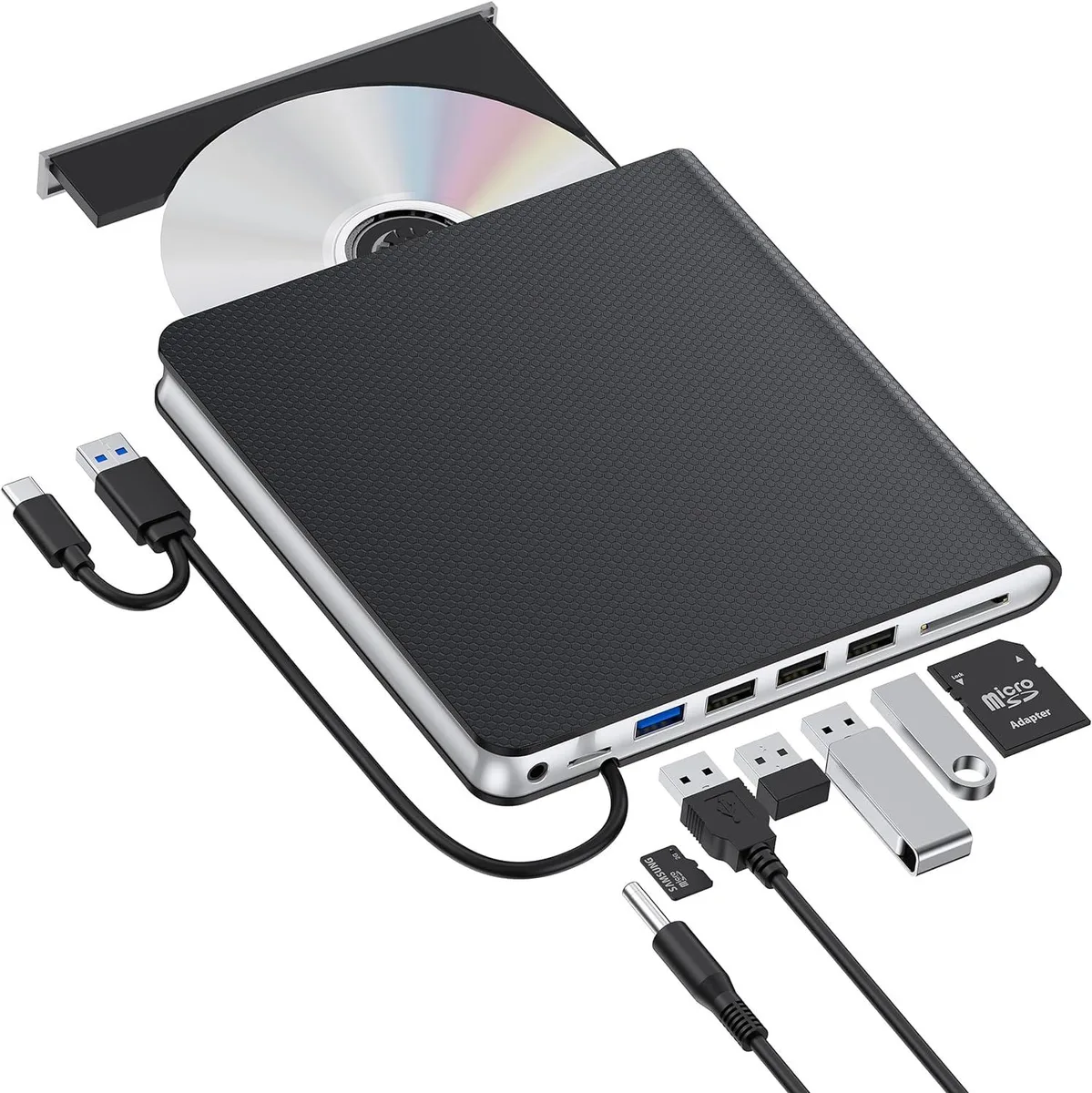 Slim silver external Blu-ray drive with four USB ports and SD card slot