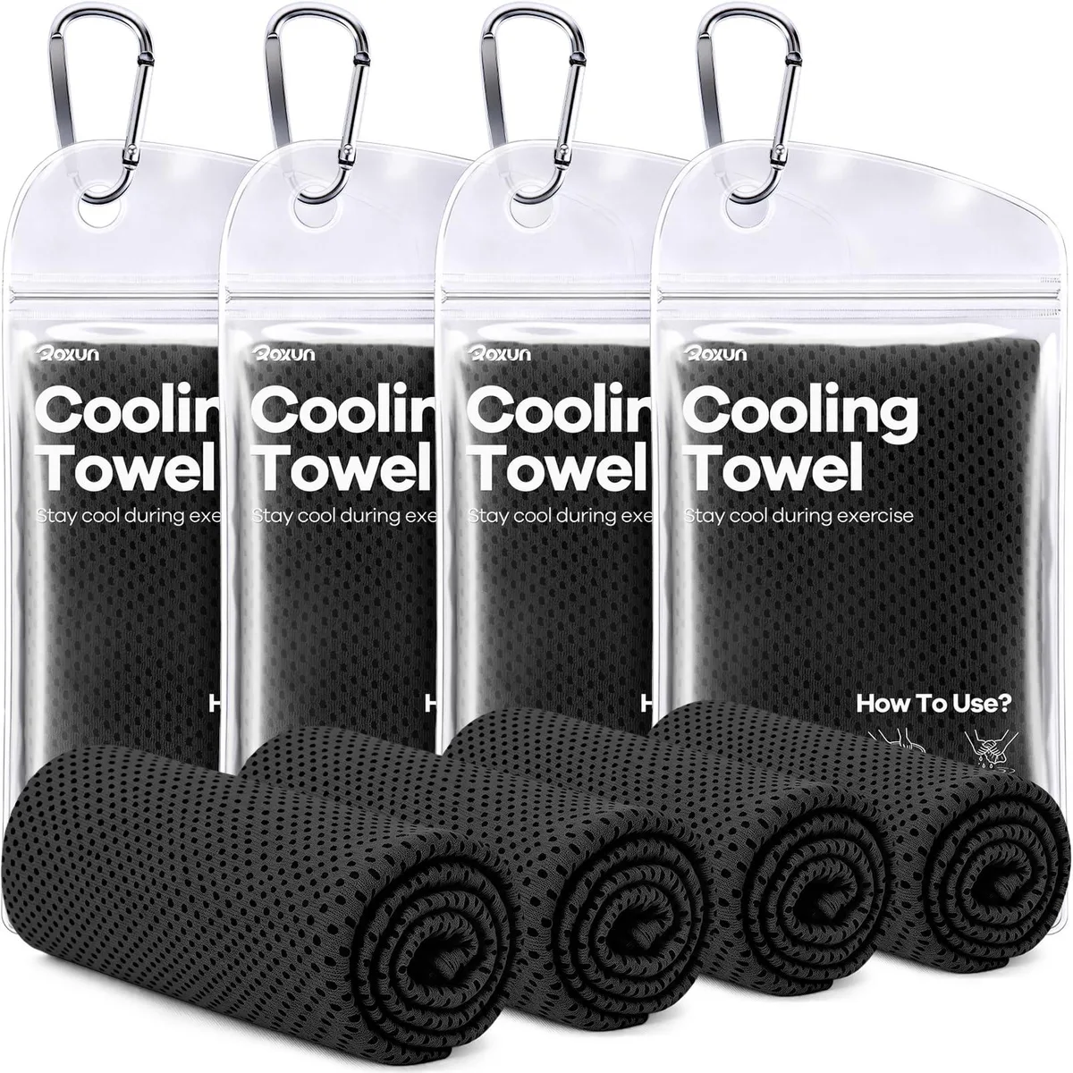 Four black polka-dot cooling towels folded in waterproof bags with carabiners