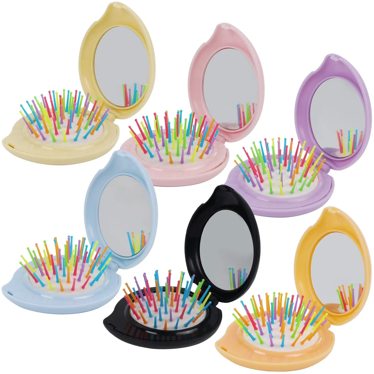Six folding pocket combs with built-in mirrors in yellow pink purple blue black orange