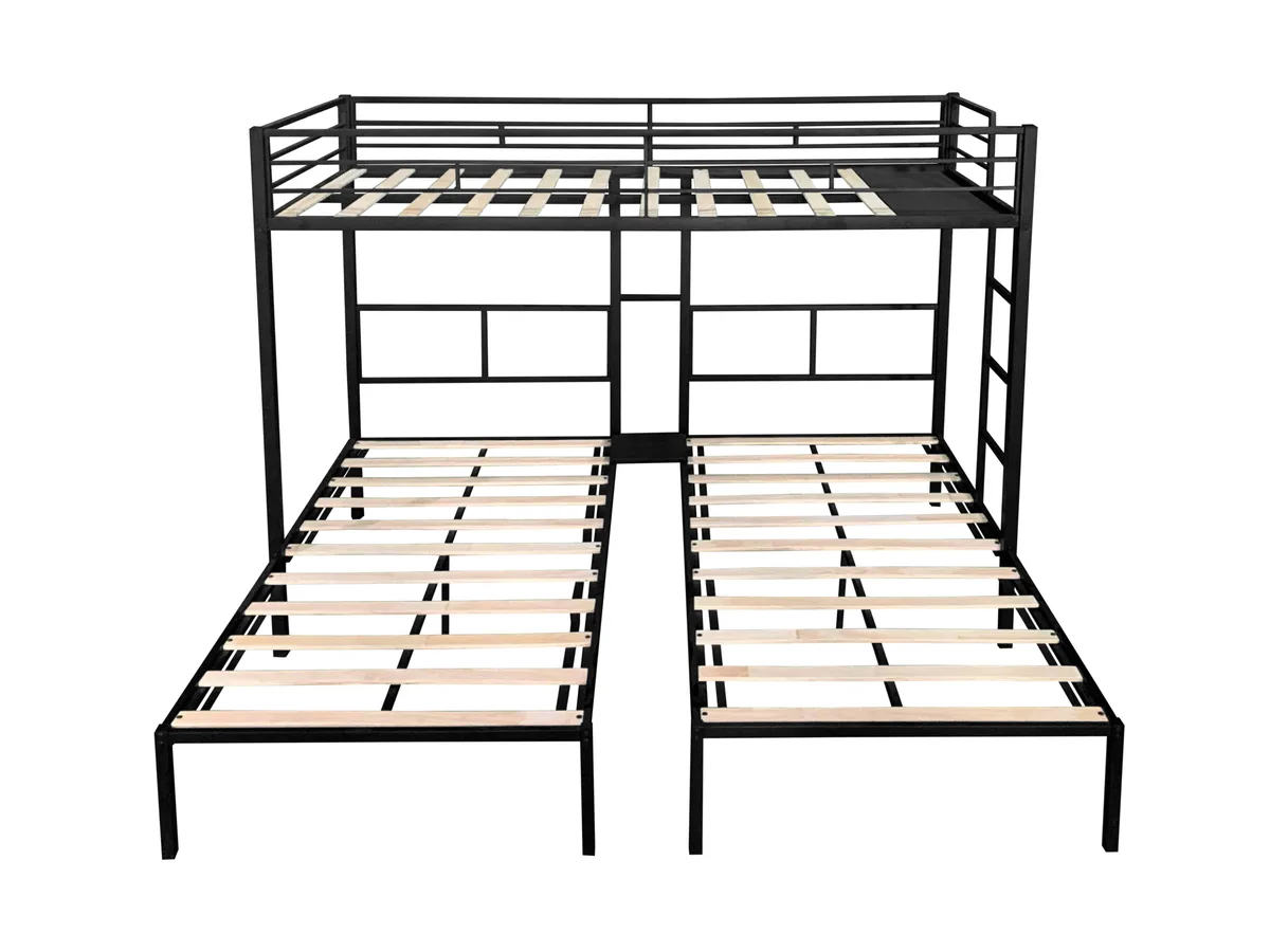 L-shaped triple bunk bed, black steel frame, wooden slats, guardrails, ladder, side table