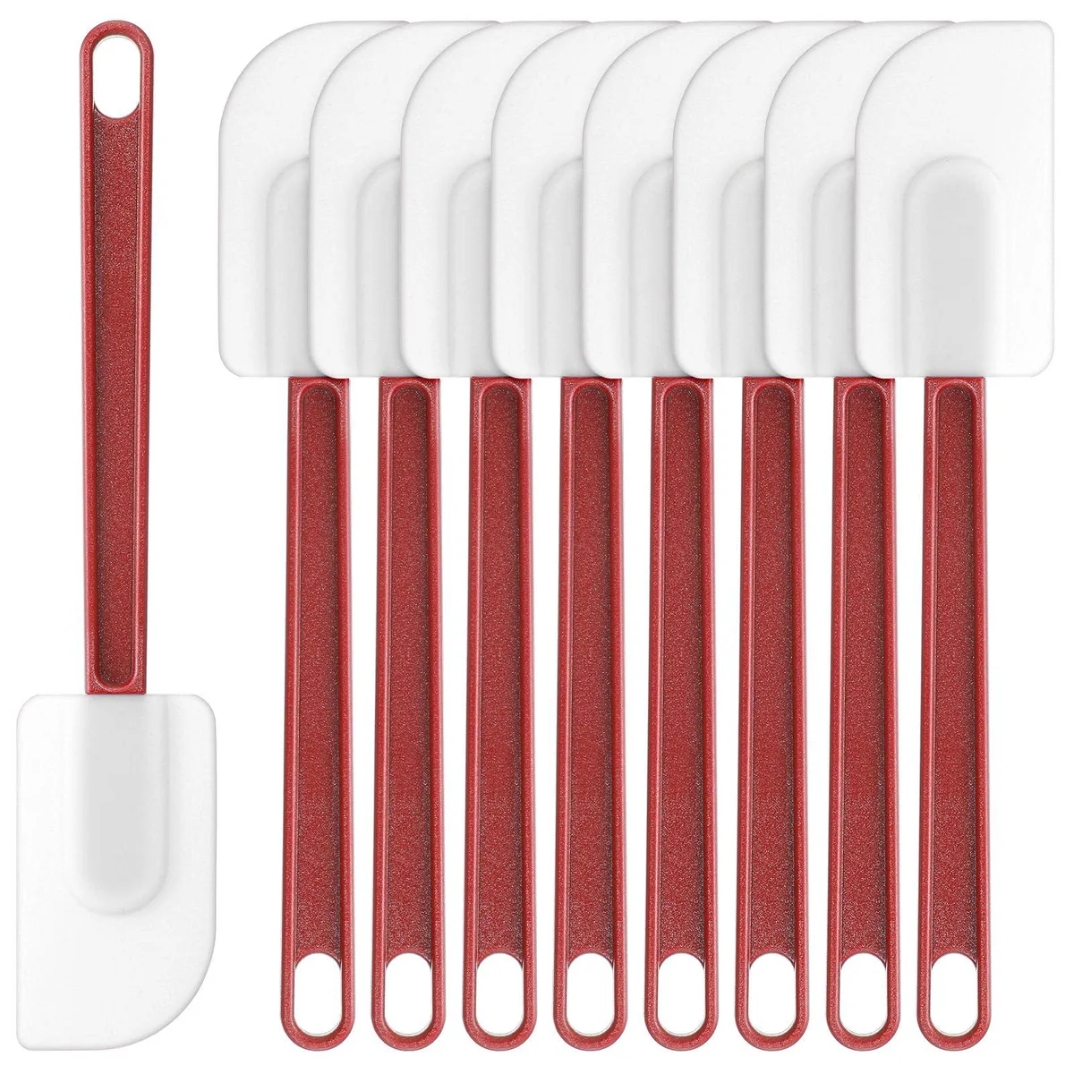 Nine red and white silicone spatulas, 10 inch, rectangular heads