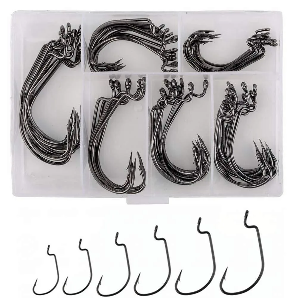  FCFKUK 60pcs Offset Worm Hook Assortment #1-5/0 with Plastic Box — product photo