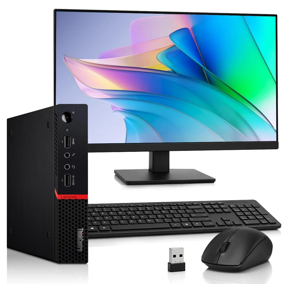 Lenovo Lenovo ThinkCentre M715q desktop PC, Ryzen 5 Pro 2400GE, 8GB DDR4, 256GB SSD, 24" monitor — product photo