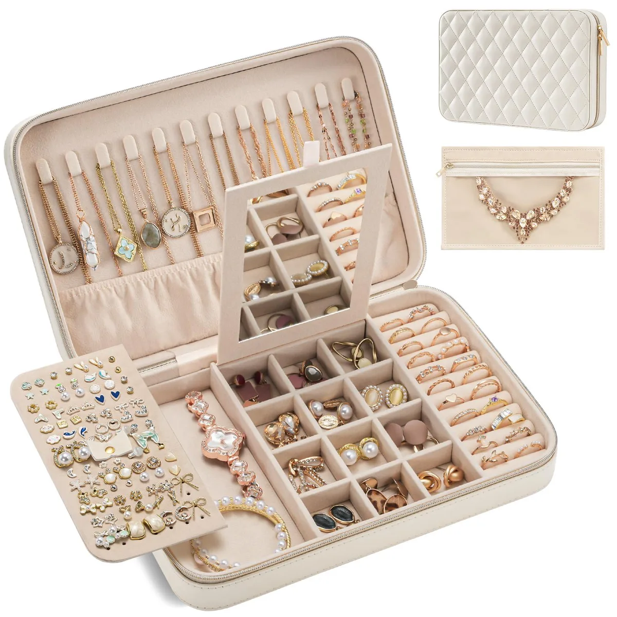 White rectangular travel jewelry case with dual zip closure and compact proportions