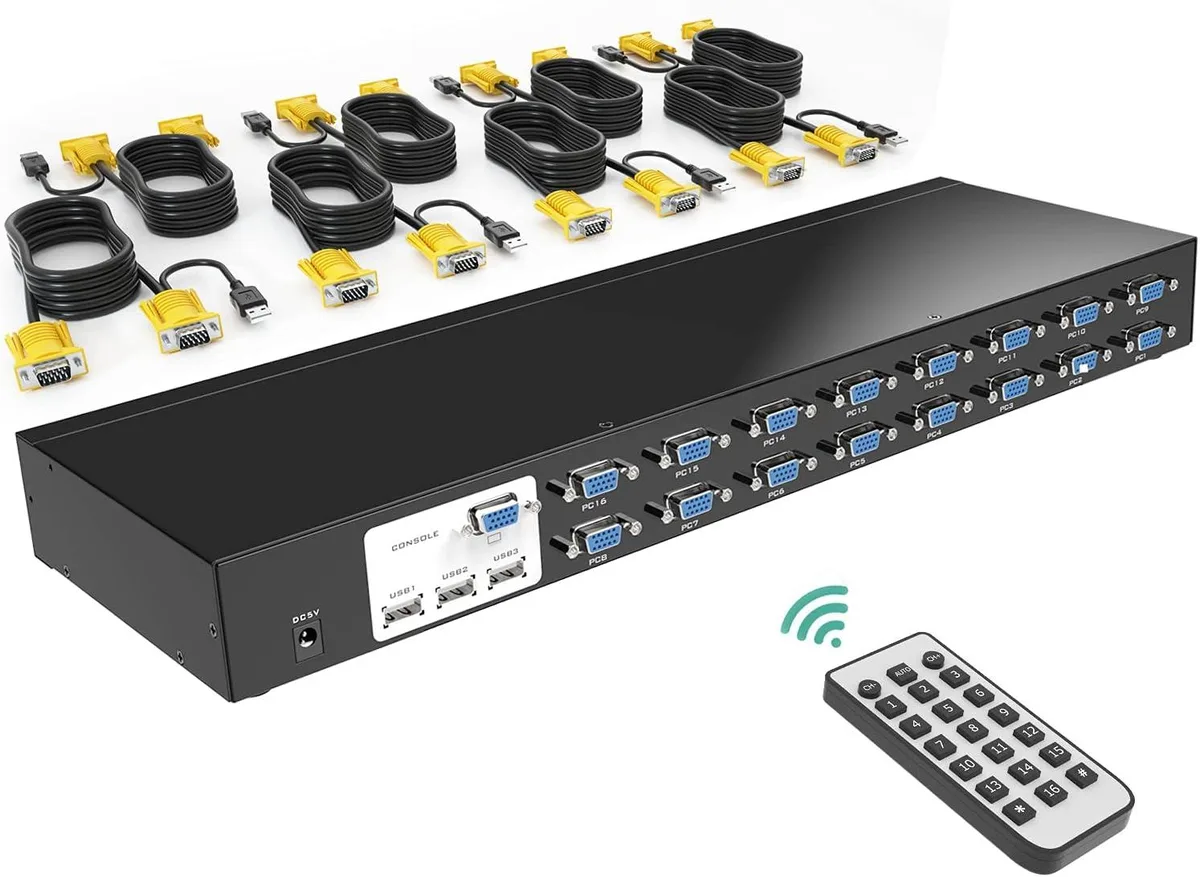 Ksin Ksin 16 Port USB VGA KVM Switch with 16x 2in1 Cables, IR Remote, Rack-Ears — product photo