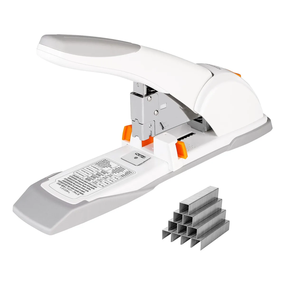 White desktop stapler with integrated jam remover and paper guide