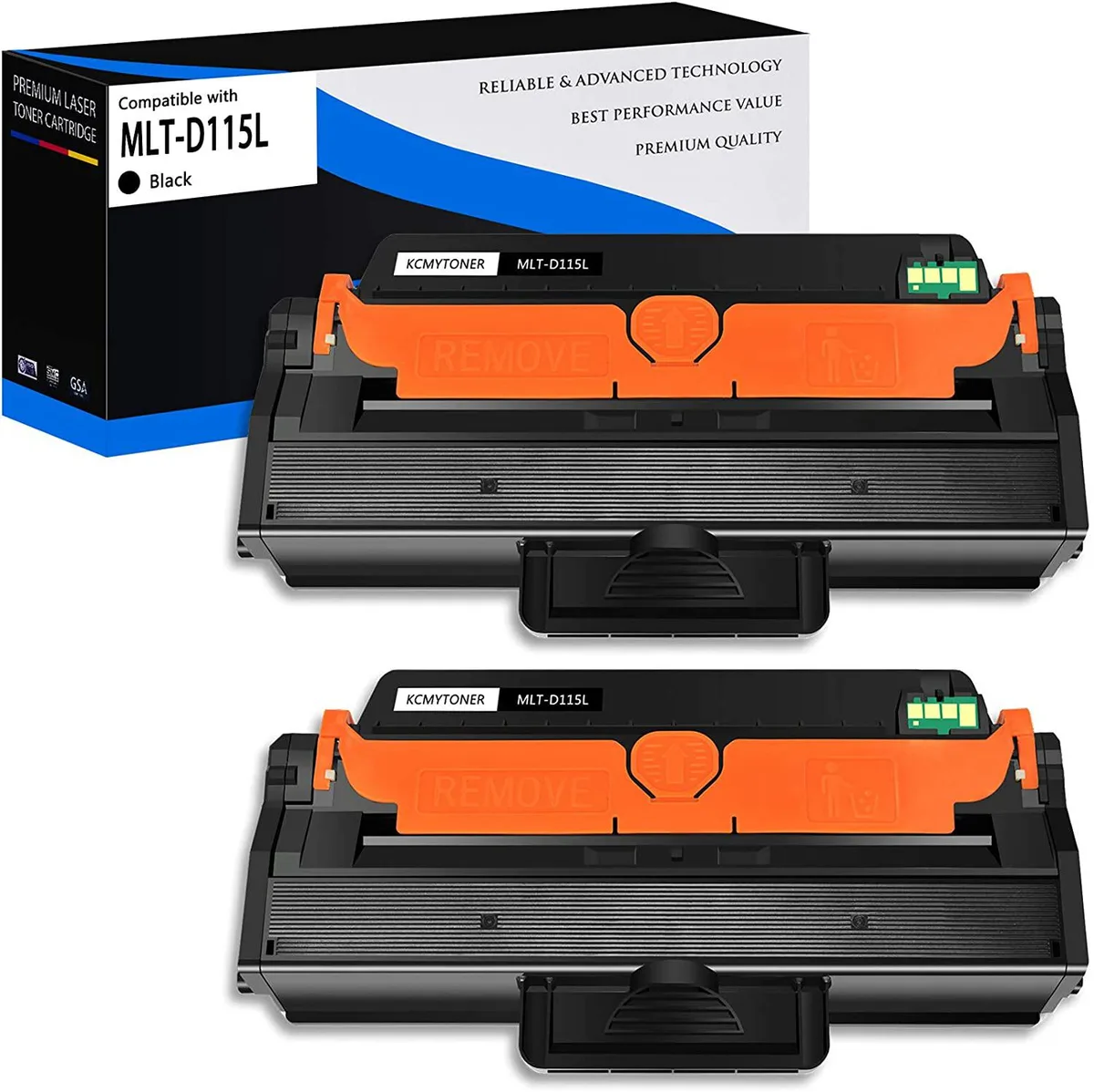 Two black rectangular toner cartridges side by side
