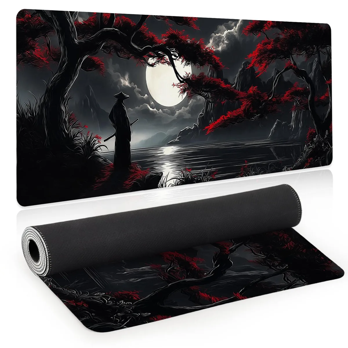 Red samurai-themed XL mouse pad, 31.5 by 11.8 inches, lycra surface, stitched edges, rubber base