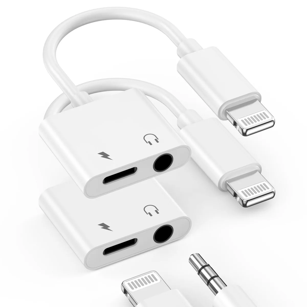 Two white Lightning-to-3.5 mm audio-and-charge splitter dongles, 2-inch cables