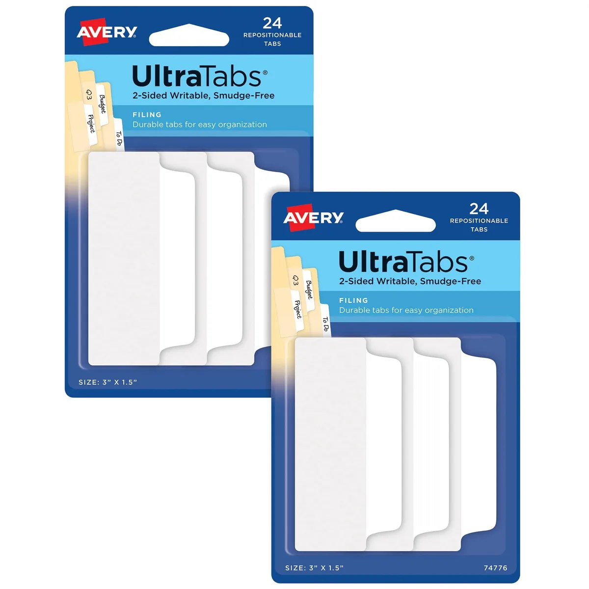 White self-adhesive filing tabs, 48 total, 3 by 1.5 inches