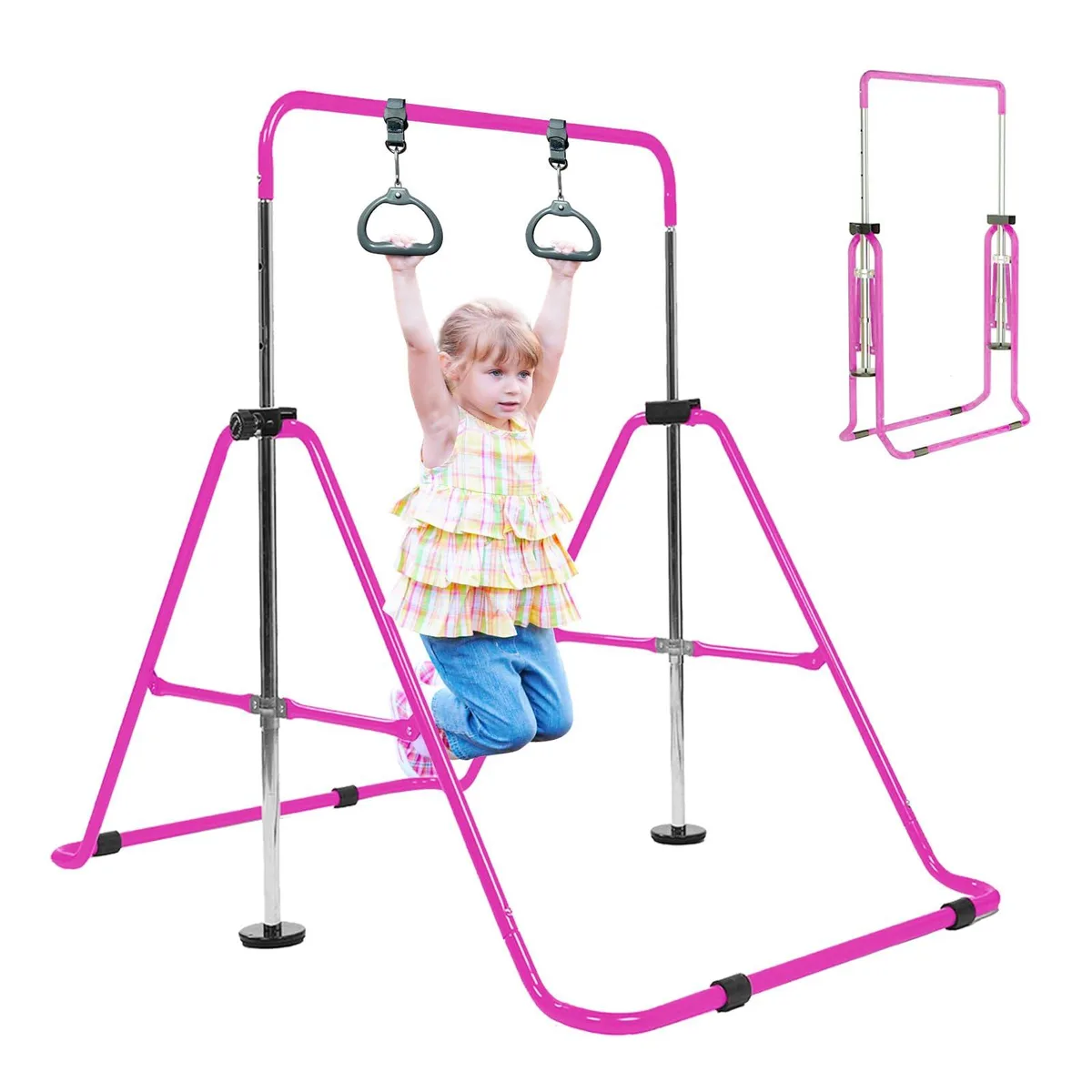 Black steel foldable gymnastics bar with rings, adjustable height, 51 inches long