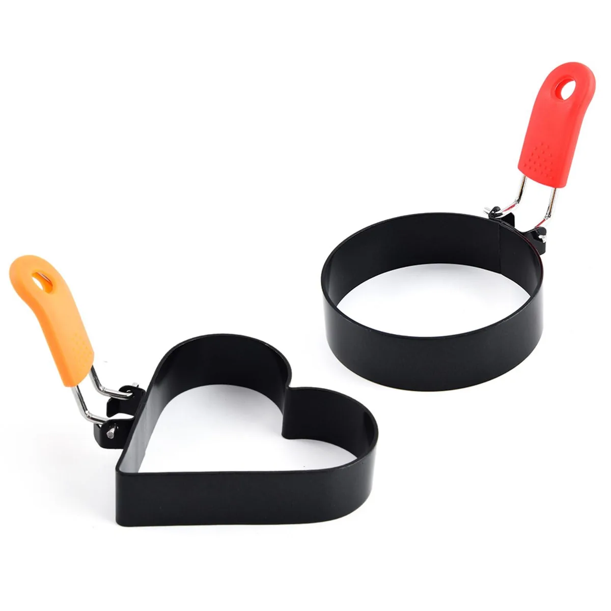 Stainless steel egg ring set, one round and one heart shape, each with a lift handle