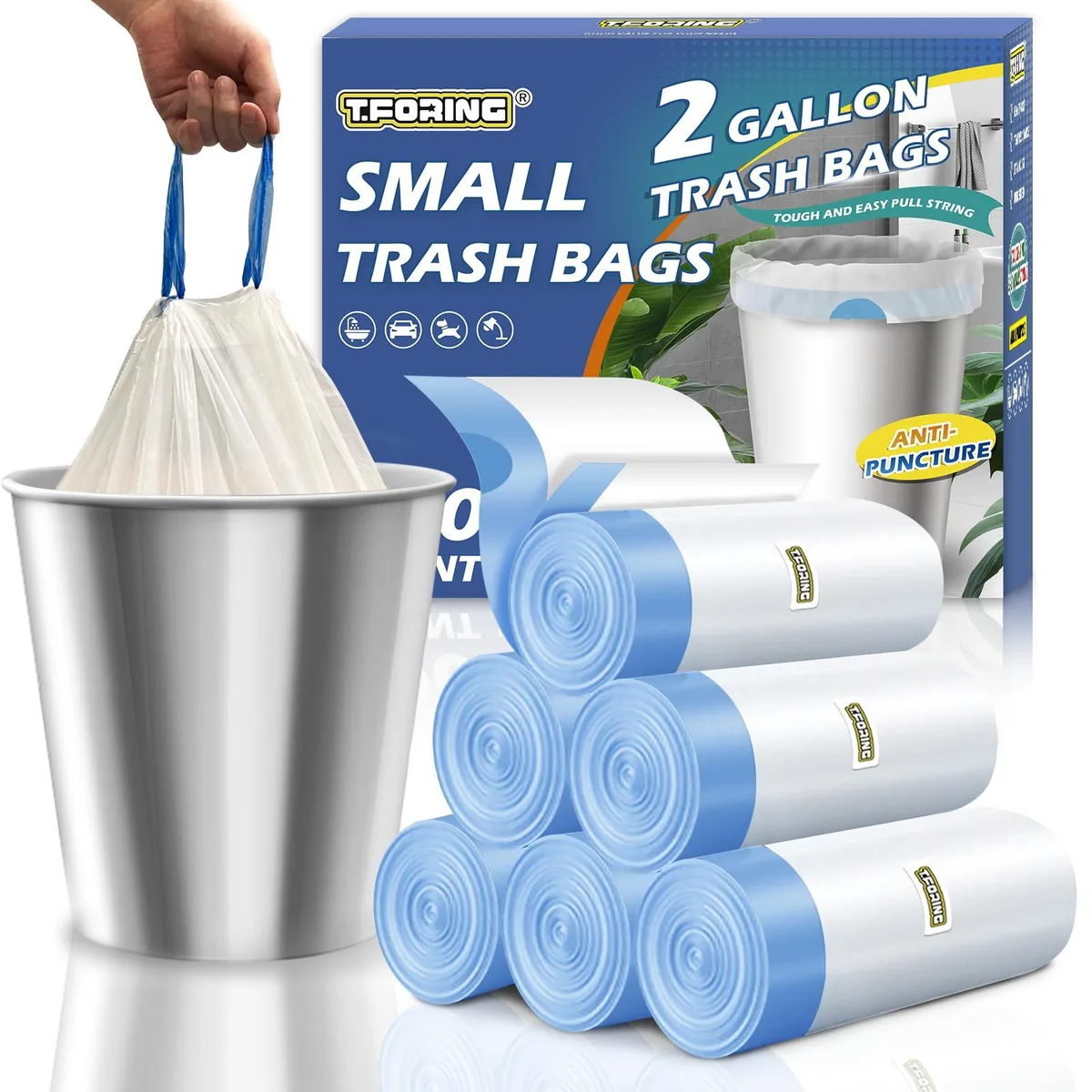 White drawstring trash bags on six rolls, 120 count pack