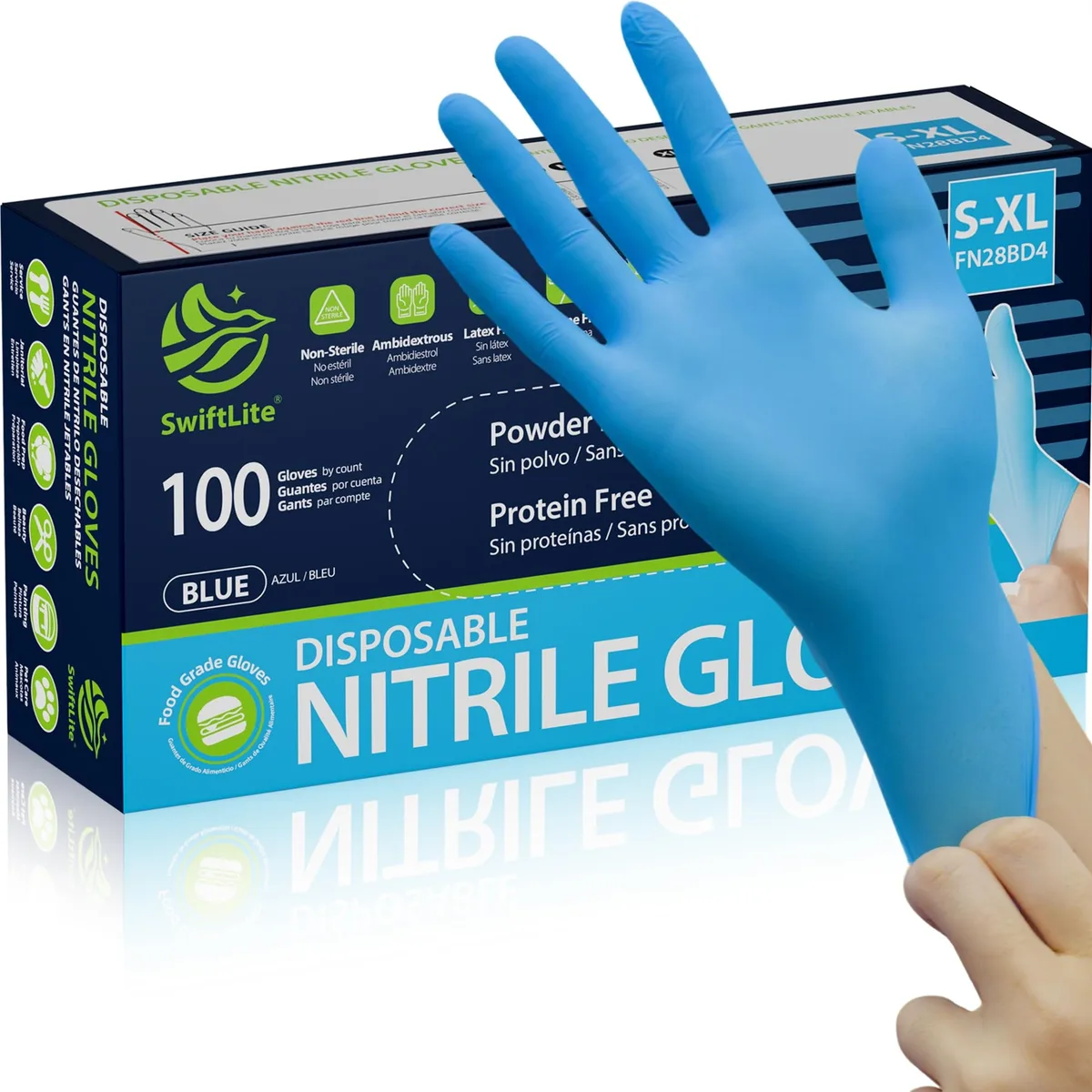 Blue nitrile disposable gloves, medium size, box of 100