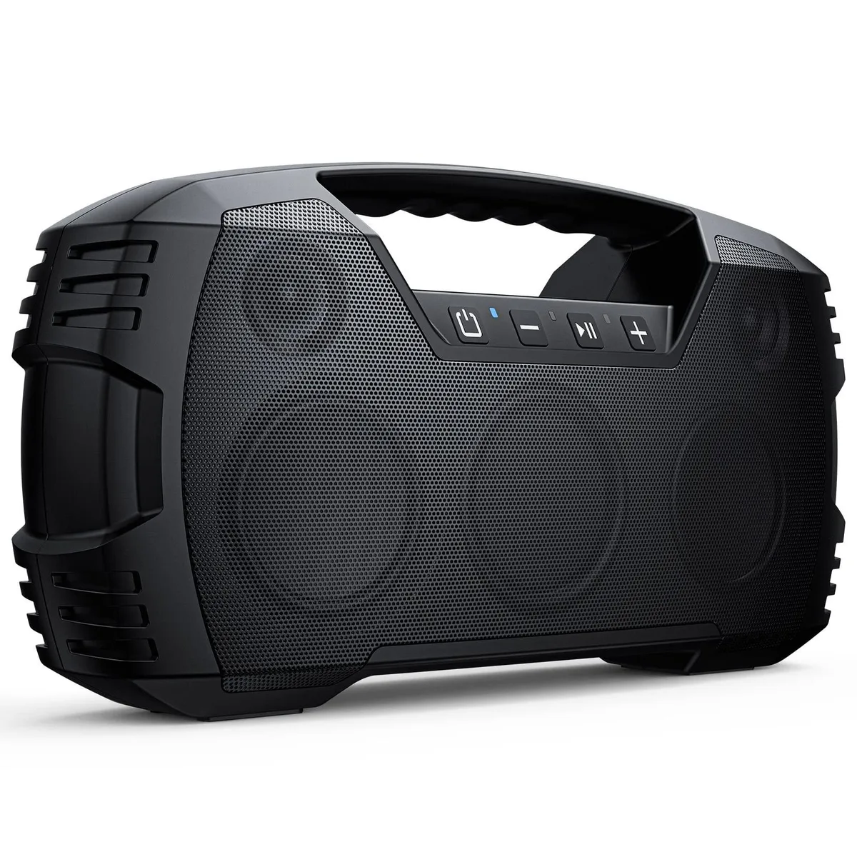 Black rectangular Bluetooth speaker with carry handle and upward-angled grille