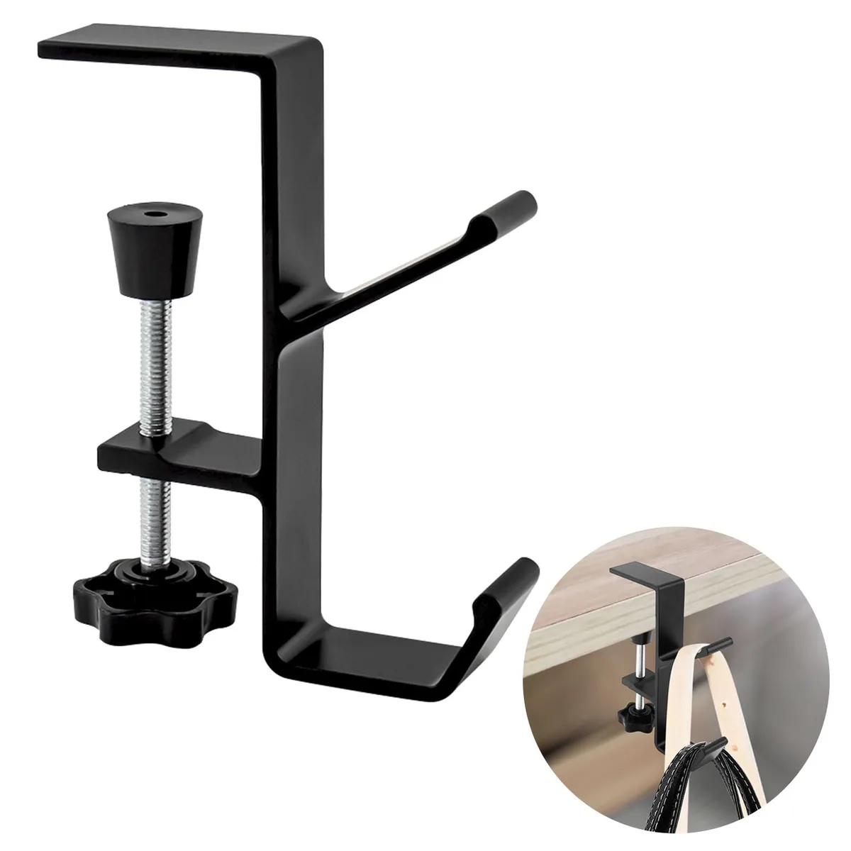 Black metal desk clamp hook with adjustable 10-55mm grip and sponge padding