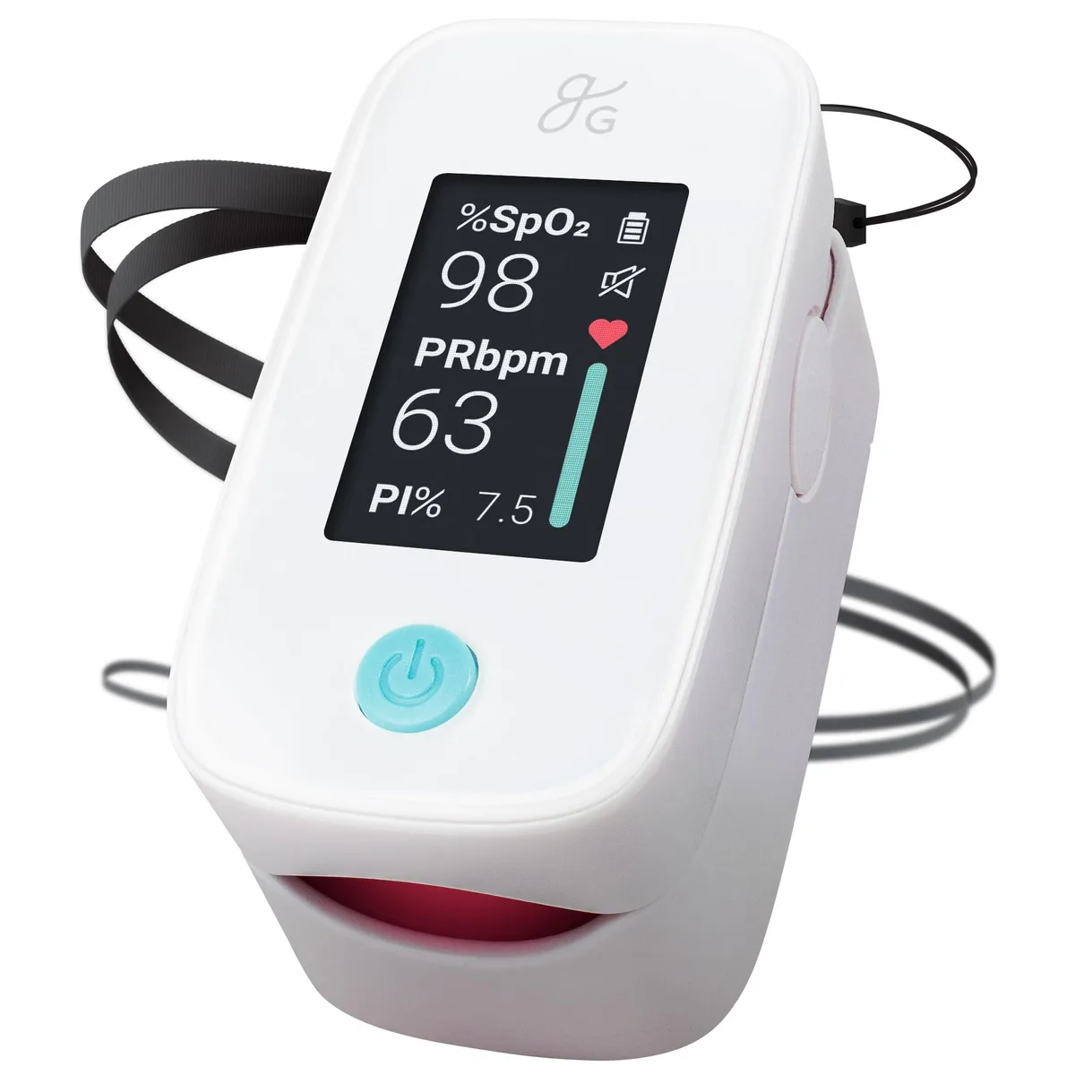 Small white pulse oximeter with clear display, lanyard and batteries included