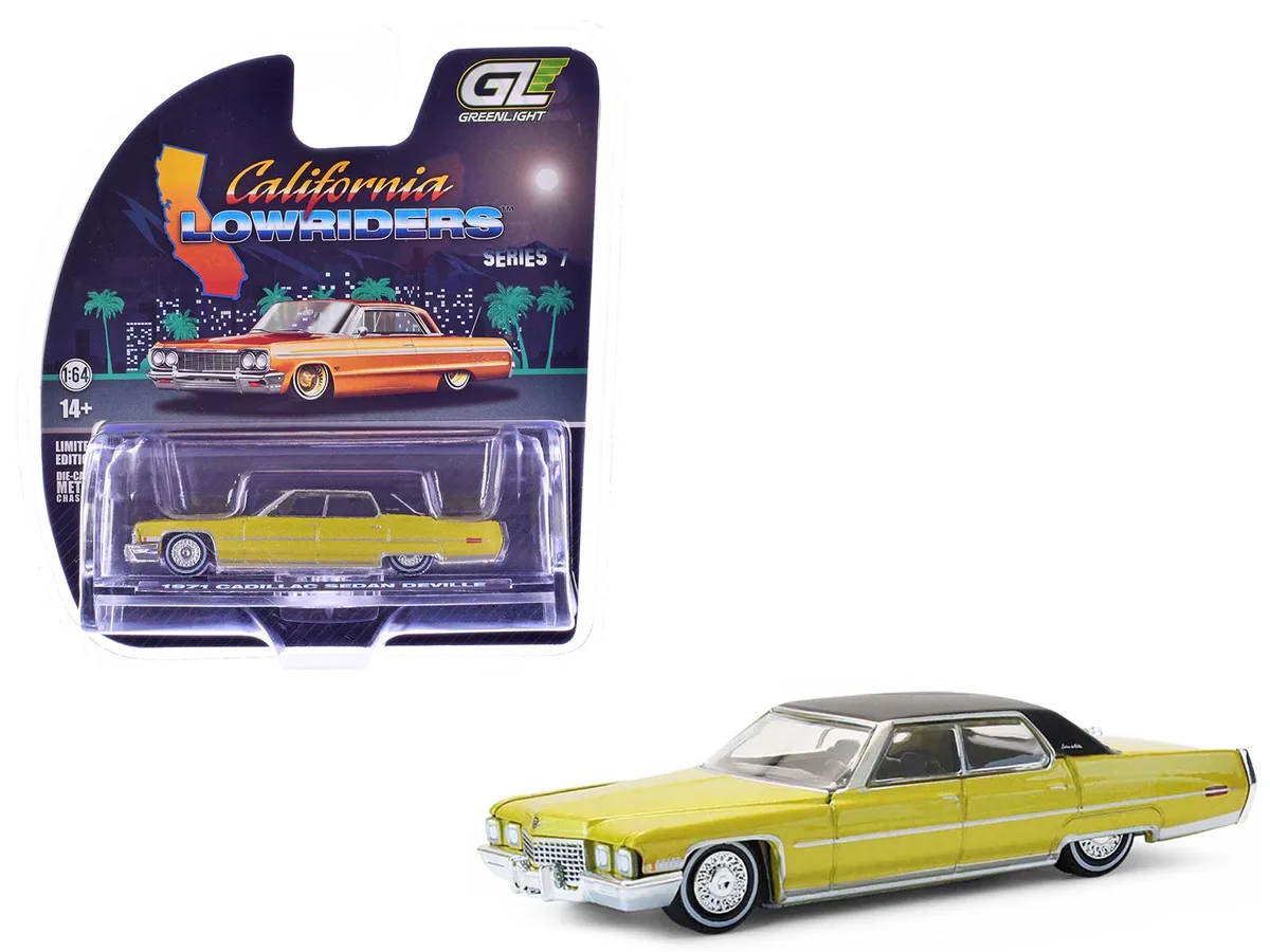 GREENLIGHT GREENLIGHT 1971 Cadillac Sedan Deville Lowrider Gold Metallic Black Top 1/64 Scale Diecast Hobby Collectible — product photo