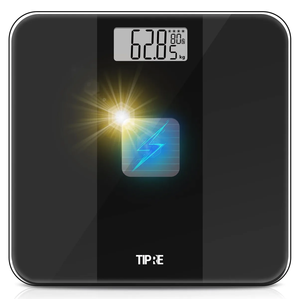 Compact black square scale with tempered glass surface and solar panel, 11 by 11 by 0.9 inches