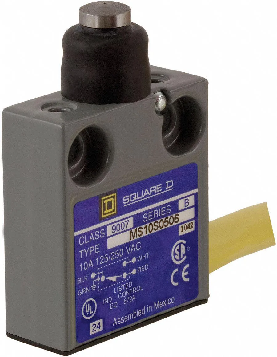 Square D miniature limit switch with boot-sealed top plunger actuator