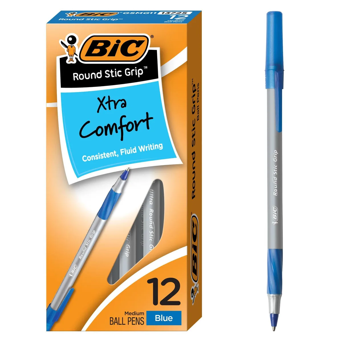 Blue ballpoint pens in a 12-count pack with soft grips