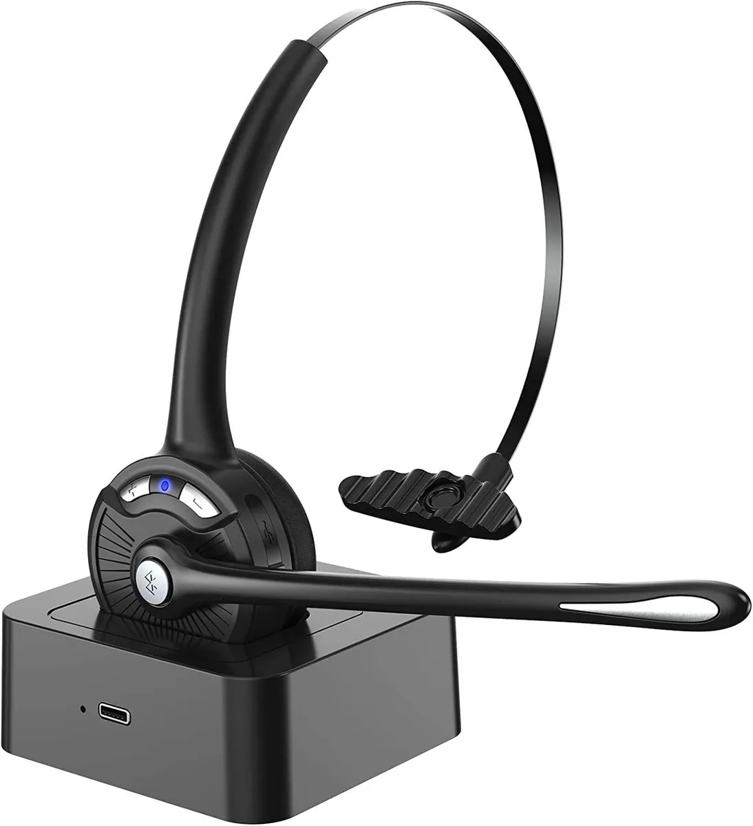 Black on-ear headset with flip-up boom mic and matching charging cradle