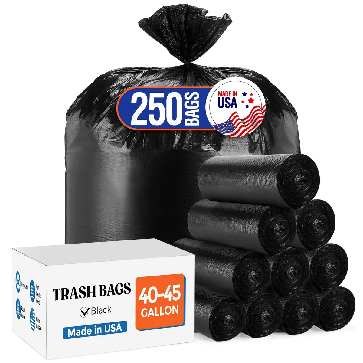  Delxo 40-45 45 Gallon 40×45" Black Trash Bags 250 Count — product photo