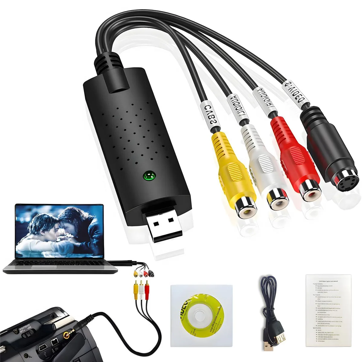 Small rectangular USB video capture dongle, matte black finish, 20 grams