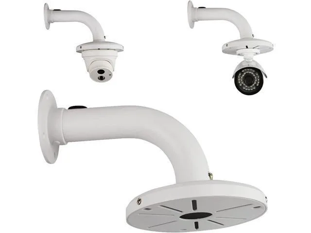 White aluminum J-shaped camera mount bracket, 9.4 inch length, weatherproof finish with hidden cable hole