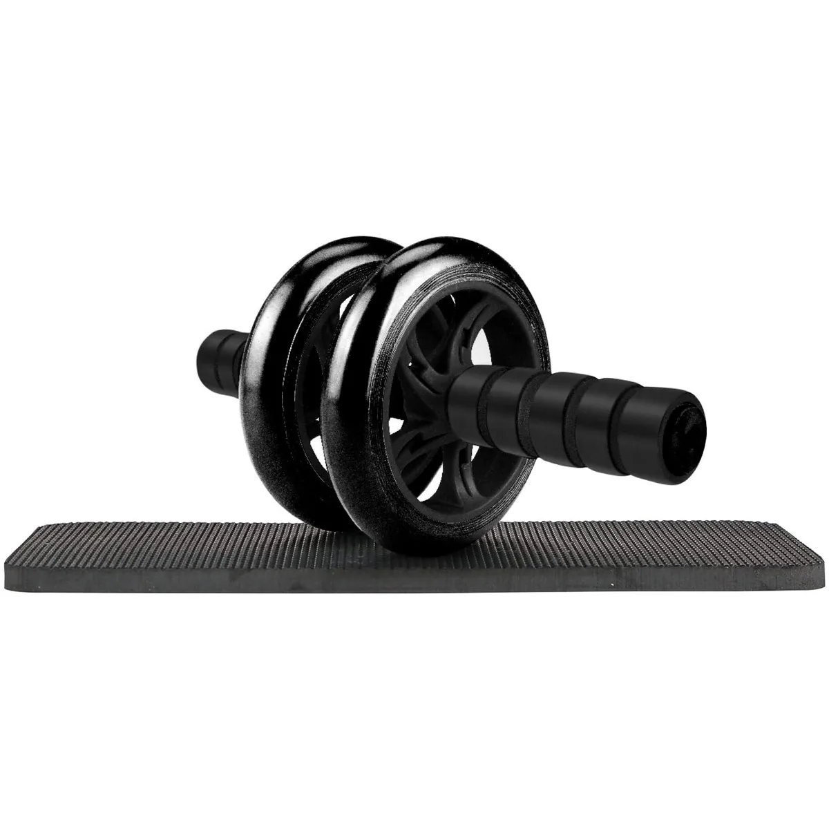 Black dual-wheel ab roller with detachable handles and knee pad, 5 lb 200 kg