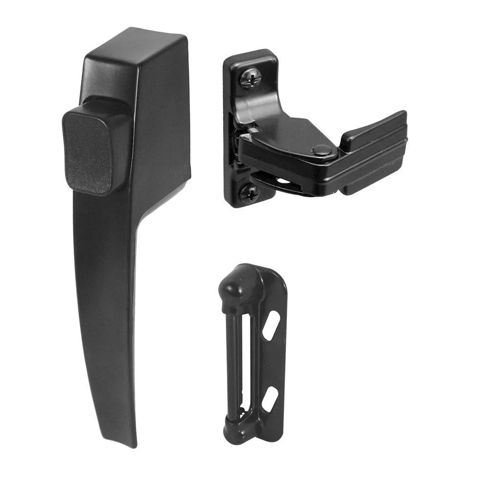 Black aluminum push-button latch set with night lock for screen or storm doors