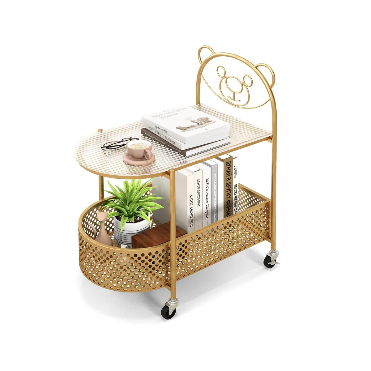 SlickBlue SlickBlue 2-Tier Mobile Glass Coffee Table Bear Pattern Golden 24x16x30 — product photo