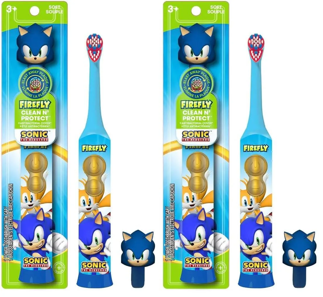 Two blue Sonic the Hedgehog toothbrushes with 3D character covers