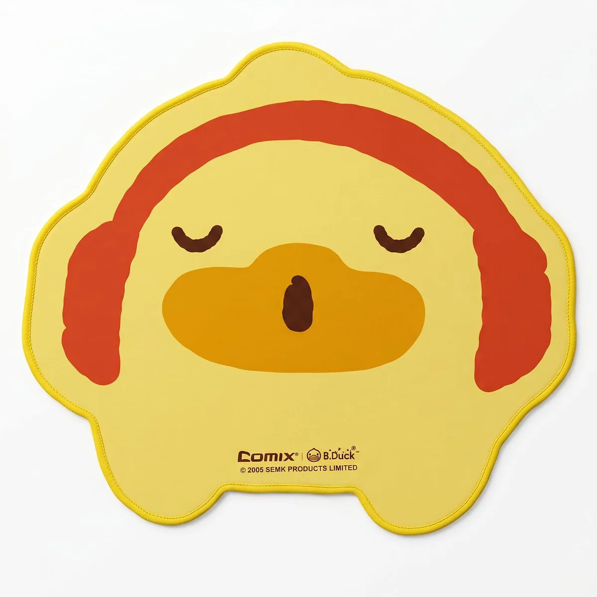 Yellow rectangular mouse pad with B Duck print, 12 by 10 inches, rubber surface, stitched edges