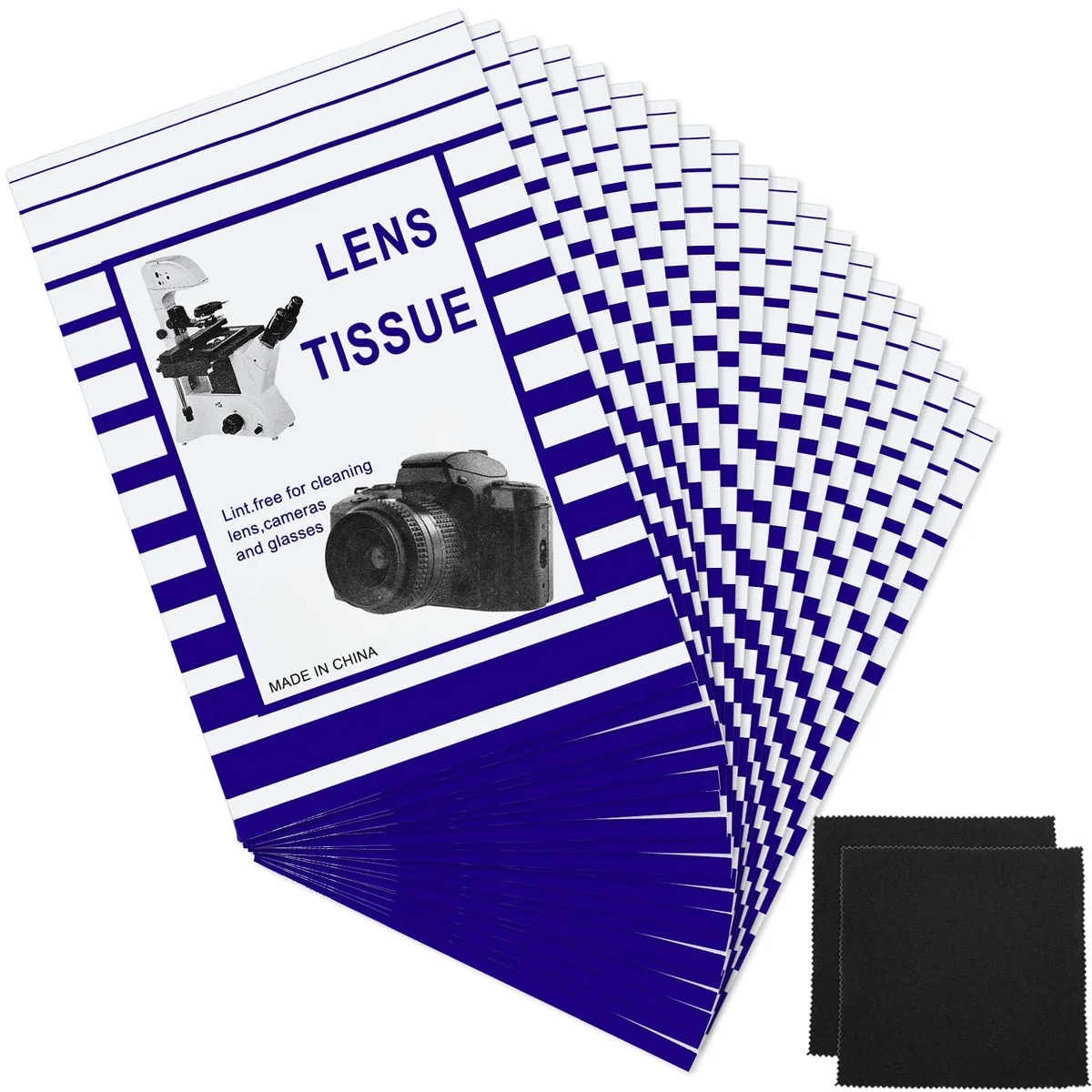 Box containing ten booklets of lens cleaning paper and two double-sided microfiber cloths